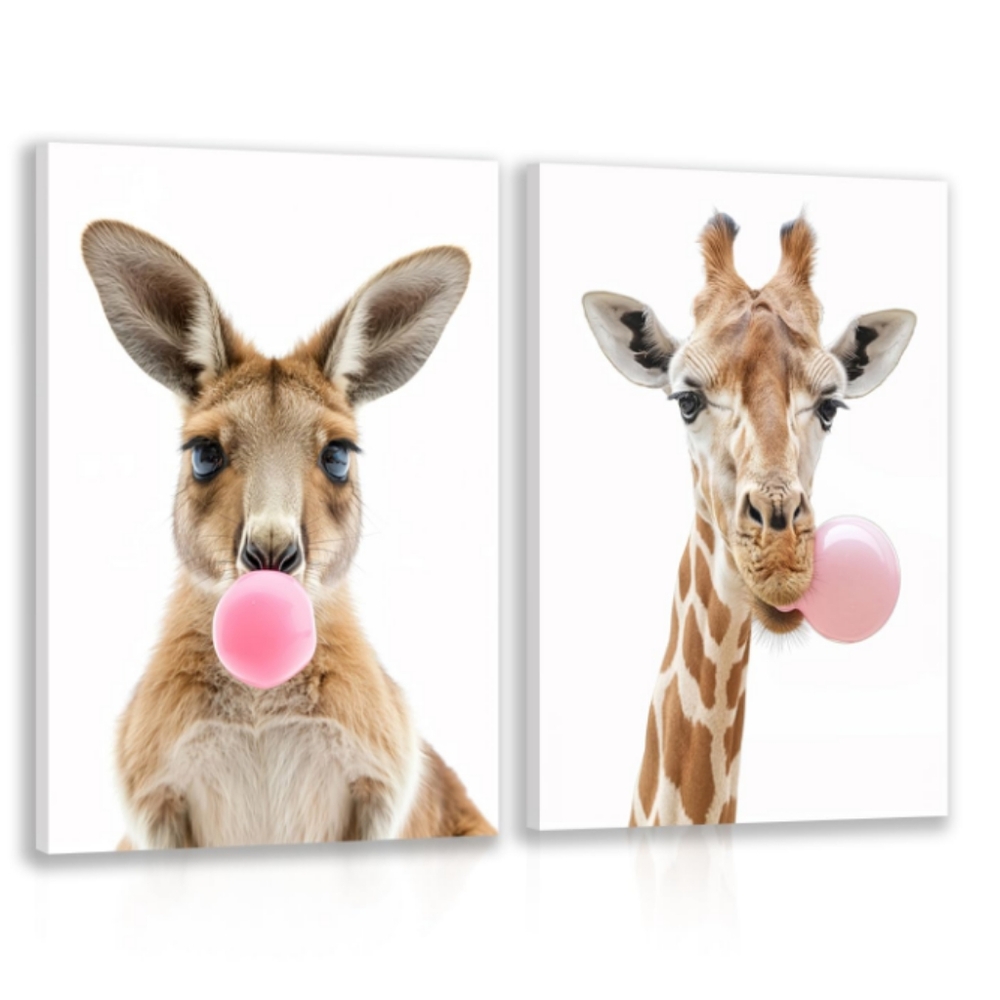 Cute Kangaroo & Giraffe Blowing Bubble Gum Canvas Art Set Of 2 Size 12x15.5 NWT